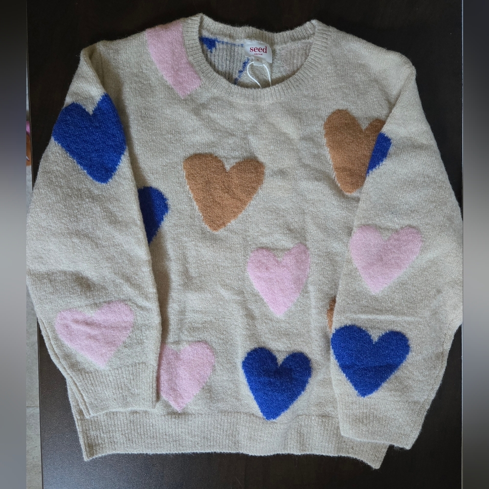 Girl's Size 9 Heart Pattern Sweater - Cream, Pink, Blue, and Brown